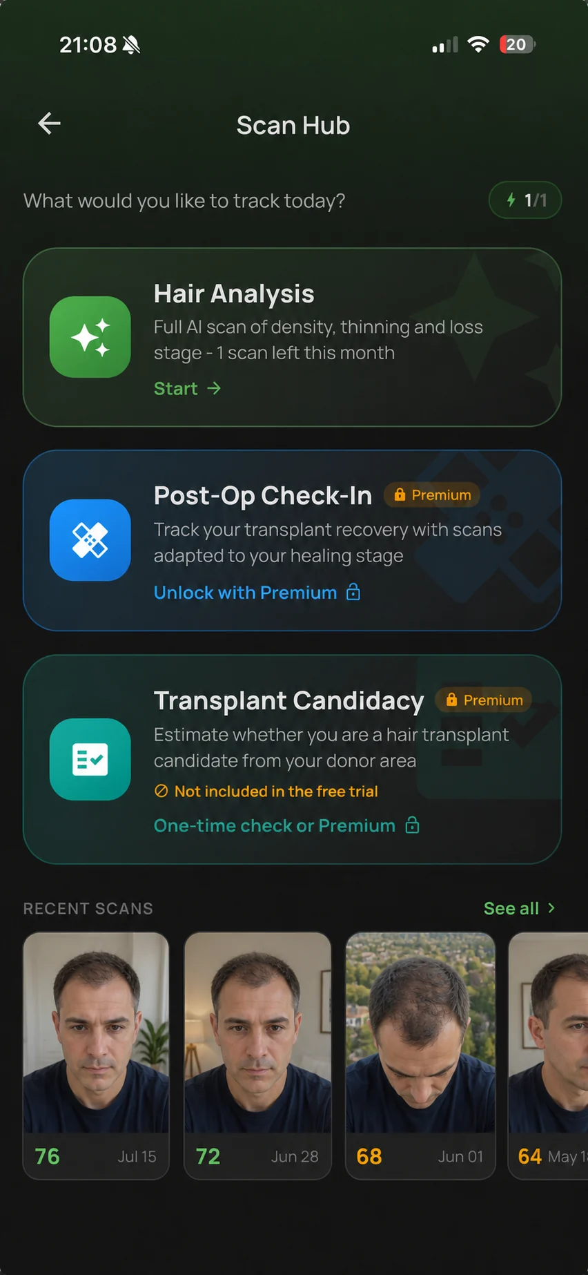 Trichometrics Scan Hub showing Hair Analysis, Post-Op Check-In, Transplant Candidacy, and anonymized progress scans